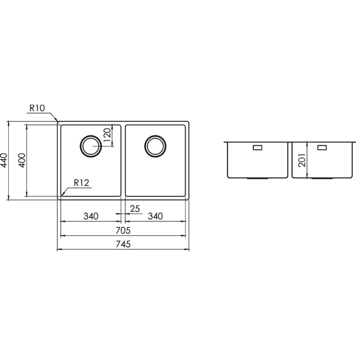 Plados SL7420 Maki St-R Lavello 2 vasche cm 75 x 44 sottotop inox satinato - immagine 2