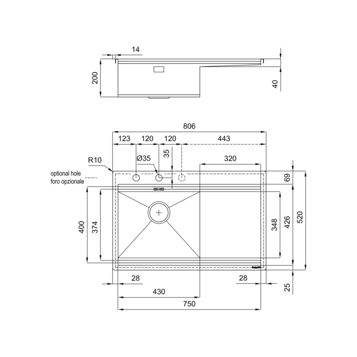 Foster 1040051 Milanello Workstation Lavello filotop 1 vasca Dx e gocciolatoio Sx cm 81 x 52 inox con 2 griglie INCLUSE - immagine 2