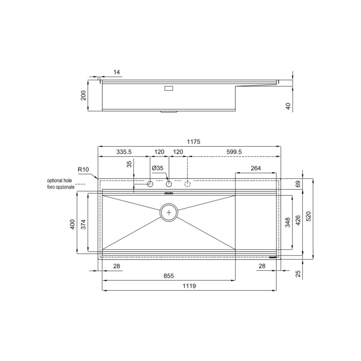Foster 1043051 Milanello Workstation Lavello filotop 1 vasca Dx e gocciolatoio Sx cm 118 x 52 inox spazzolato con 3 griglie in dotazione - immagine 2