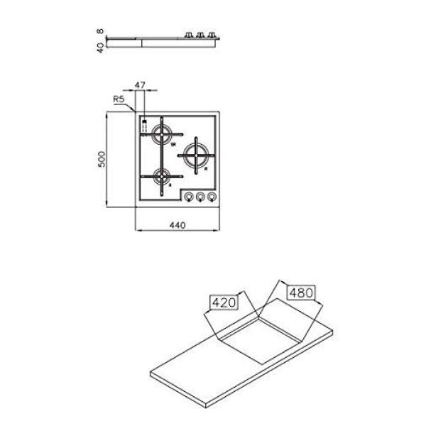 Foster 7063 052 - 7063052 - Piano Cottura a gas Veronika da 45 cm - 3  fuochi - Estetica Inox Satinato - Bordo Standard - Griglie in ghisa -  Dimensioni